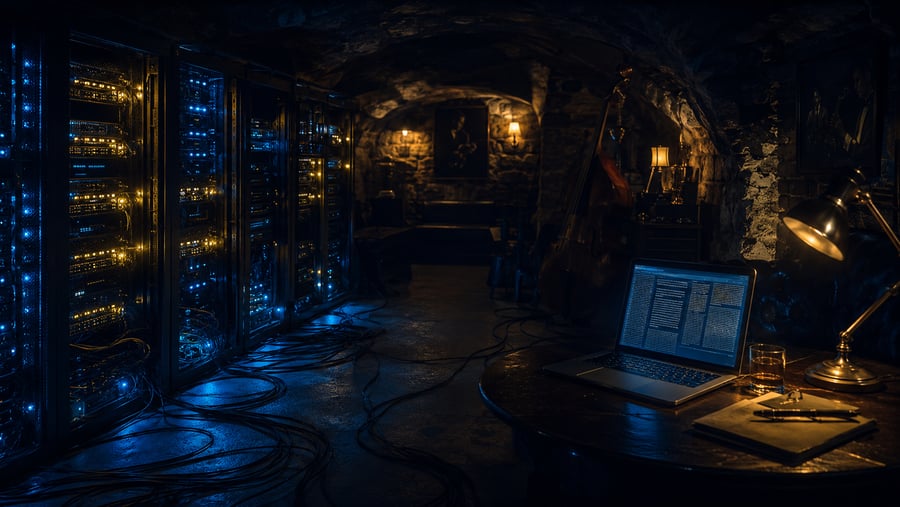 Blue Note Logic — private AI server room, jazz-cellar atmosphere.