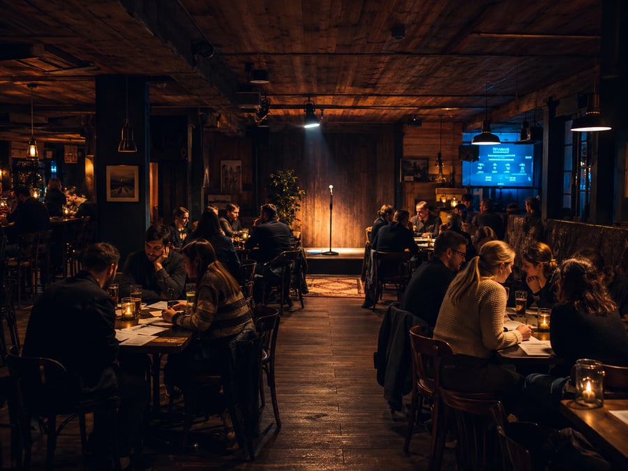 Warmly lit Scandinavian pub interior during quiz night.